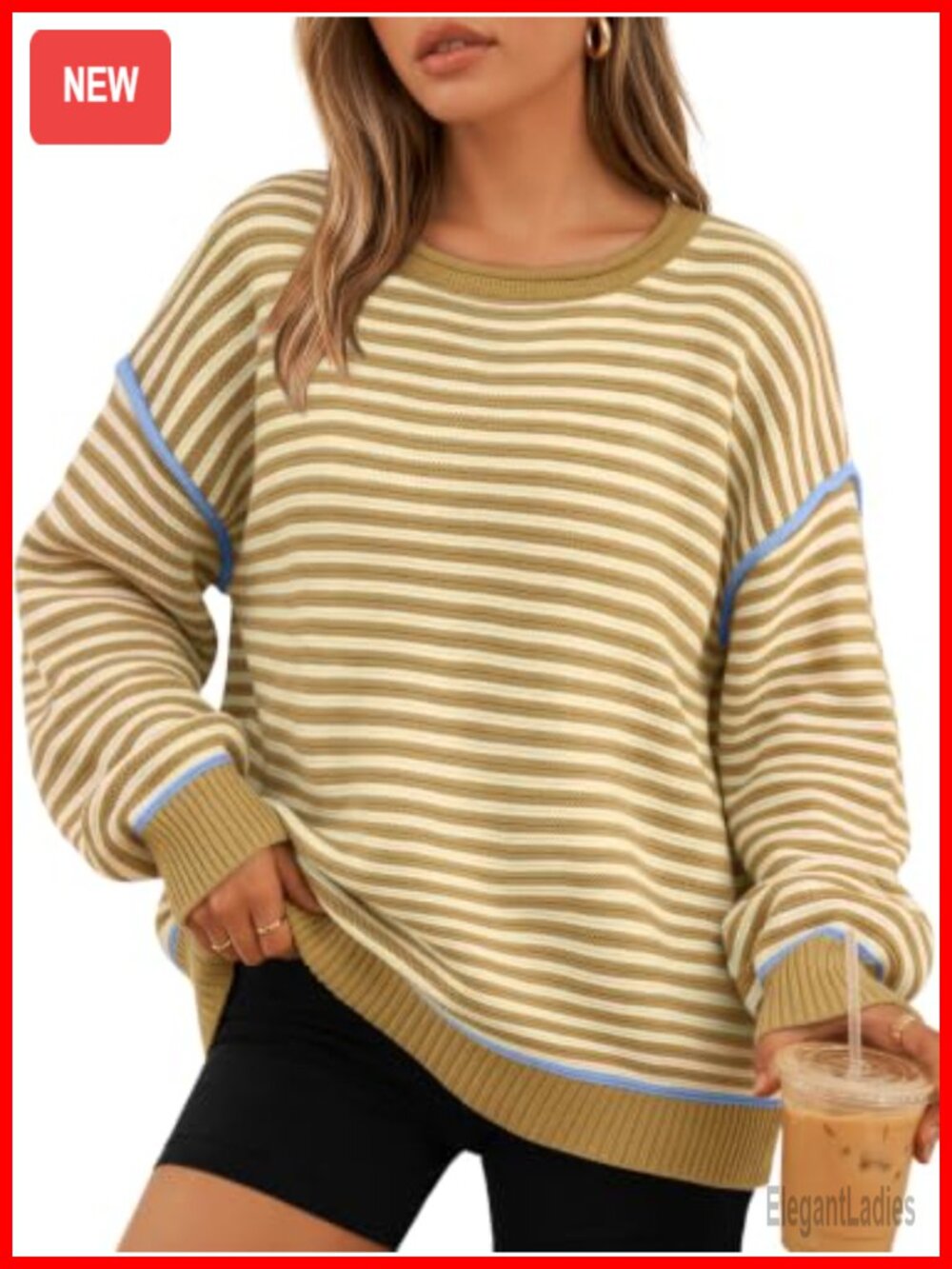 Striped Oversized Pullover Sweater Drop Shoulder Cotton Blend Slouchy Fall